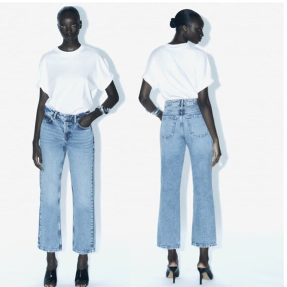 ZARA High Rise Straight Leg Z1975 Button Fly Jeans 6164 057 Mid Blue Size 8 - Picture 1 of 11